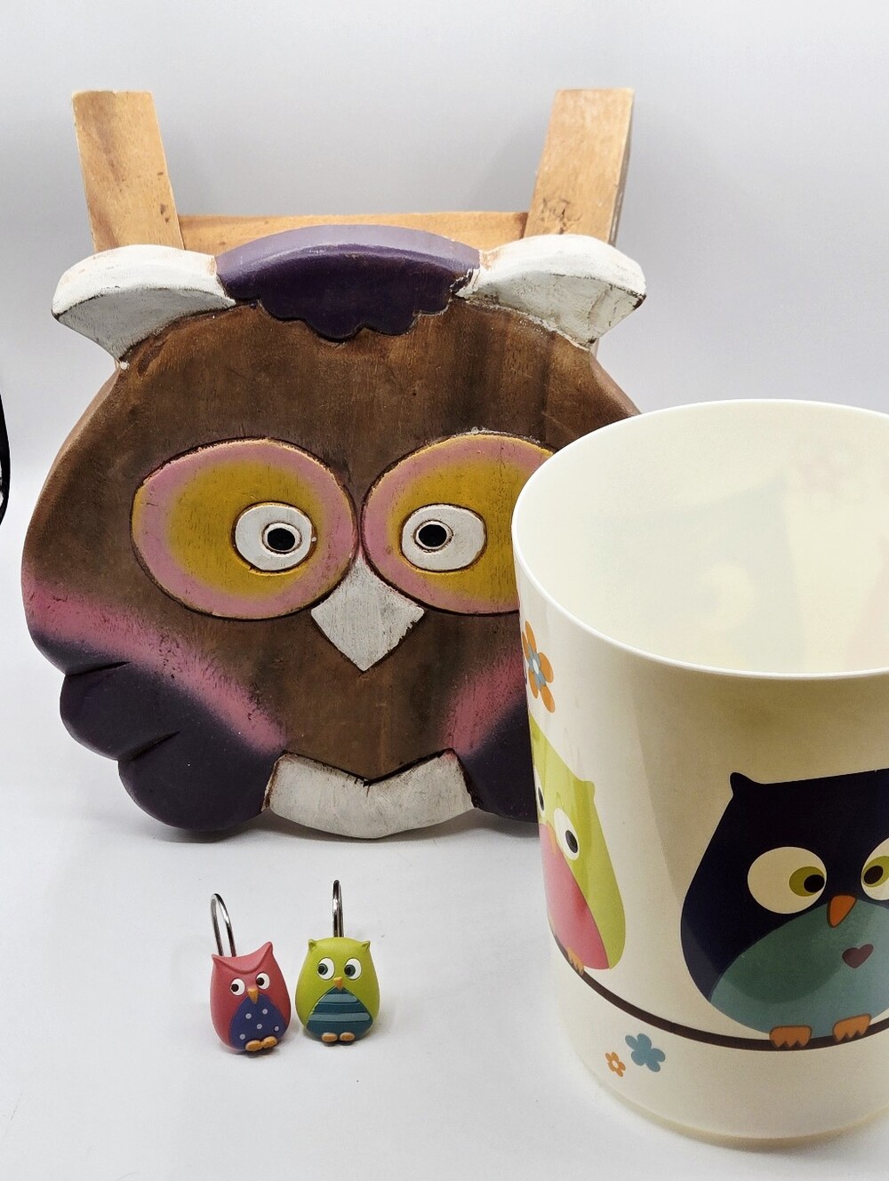 Children's Bathroom Owl Wooden Stool Owl Shower Curtain Hooks Owl Trashcan